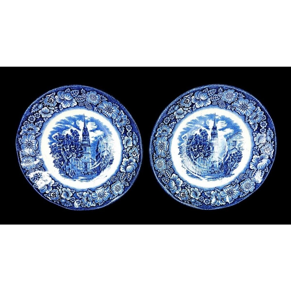 Vintage 70s Liberty Blue Historic Colonial Scenes Old North Church Two Plates